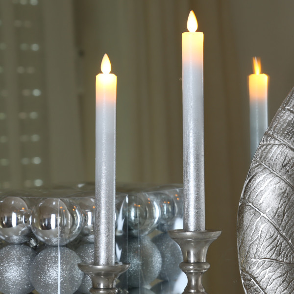 LED Stabkerzen - Echtwachs - bewegliche Flamme - Auspustfunktion - H: 24cm - silber - 2er Set