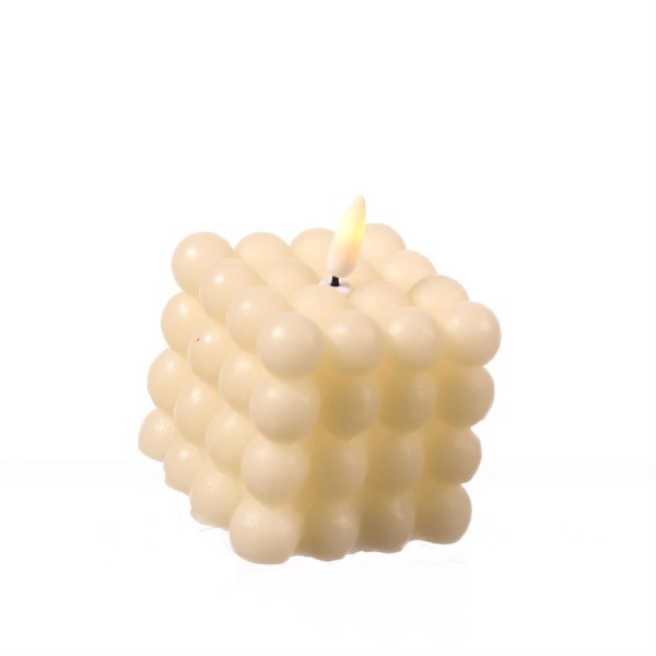 LED Kerze Bubble - Würfelkerze - Echtwachs - realistische 3D Flamme - H: 9,5cm - Timer - creme