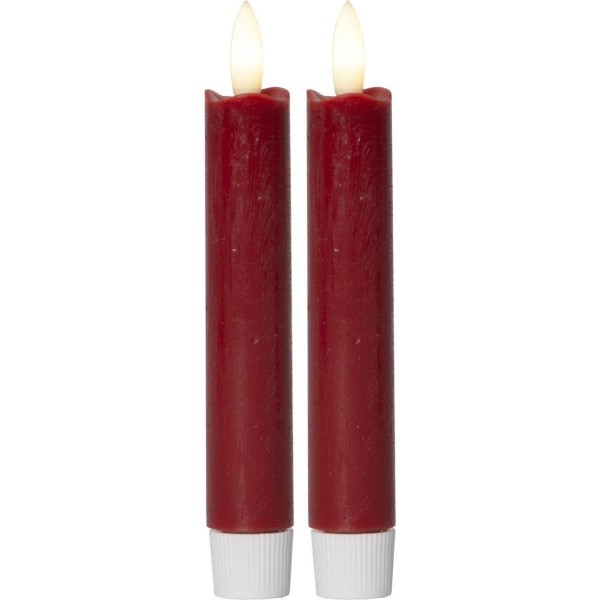 LED Stabkerzen Flamme - Echtwachs - flackernde warmweiße LED - H: 15cm - Timer - rot - 2er Set