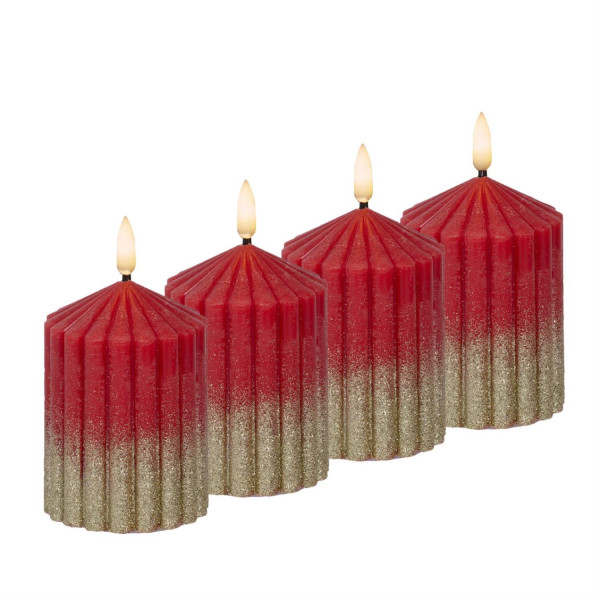 LED Kerzenset LIV - gerillt - Echtwachs - H: 10cm - D: 7cm - Timer - rot/gold - 4er Set