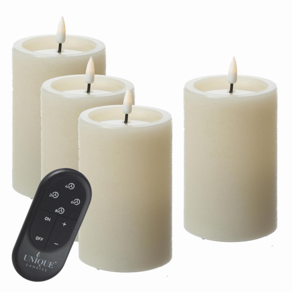 LED Kerzenset UNIQUE - Rustik-Optik - H: 12,5cm - mit Batterien und Fernbedienung - creme - 4er Set