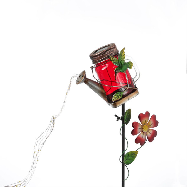 LED Solar Gießkanne mit Wasserfall Lichterkette - Rotes Solarglas mit Kolibri - H: 80cm - Sensor