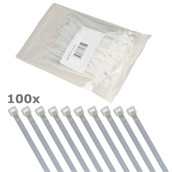 Kabelbinder Set 100 Stück - weiß - 100mm x 2,5mm - wetterbeständig, UV-Schutz - hohe Zugkraft