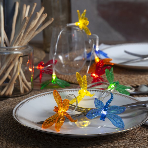 LED Lichterkette "Libelle" - 10 farbige Libellen - warmweiße LED - L: 1,35m - Batterie - Timer
