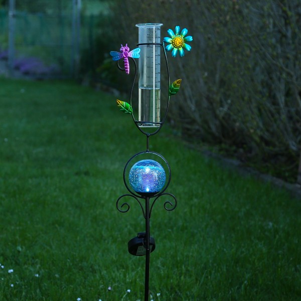 LED Solarstecker LIBELLE - mit Regenmesser - H: 93cm - blaue Kugel