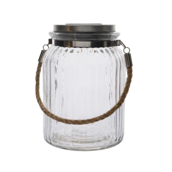 LED Solarglas JAMJAR - Geriffeltes Glas - warmweiße LED - Lichtsensor - H:15cm - Juteseil Aufhänger