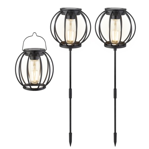 LED Solar Laterne und Gartenstecker - ein Henkel u. zwei Erdspieße - D: 13cm - schwarz - 3er Set