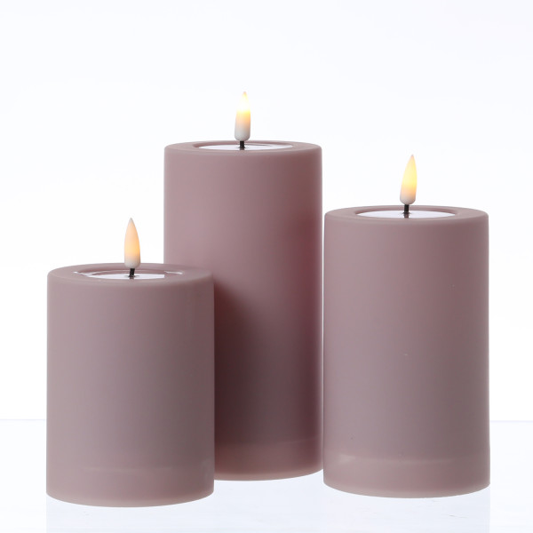LED Stumpenkerze MIA - Kunststoff - 3D Flamme - H: 10cm - D: 7,5cm - für Außen - rosa