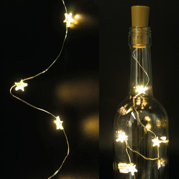 LED Drahtlichterkette KORKEN Sterne - für Flaschen - 8 warmweiße LED - L: 39cm - braun