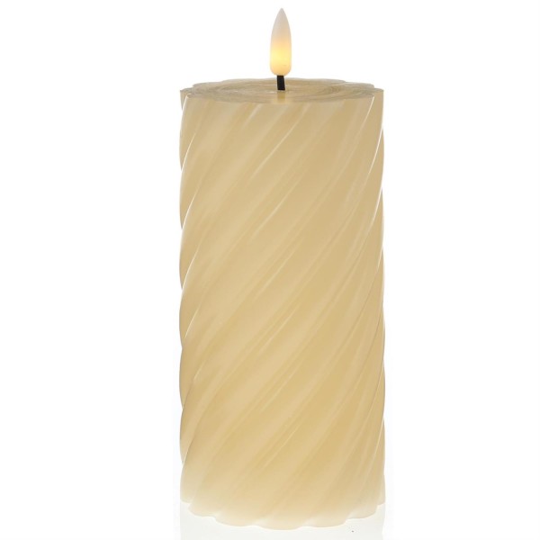 LED Stumpenkerze TWIST - Echtwachs - warmweiße 3D Flamme - H: 17,5cm - Batterie - Timer - creme