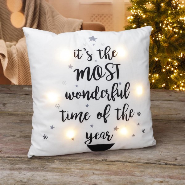 LED Kissen bedruckt mit Spruch - Weihnachtskissen - 6 LED - Batteriebetrieb - 40 x 40cm - weiß