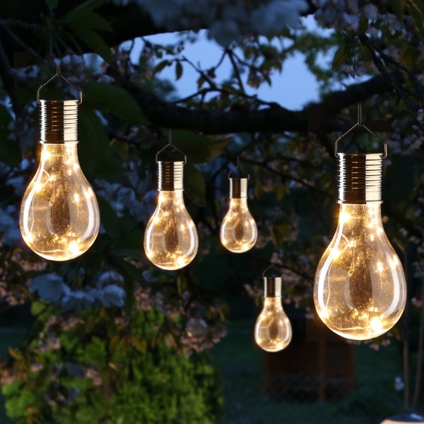 LED Solar Glühbirnen - warmweiße LED Drahtlichterkette - H: 14cm - transparent - 5er Set