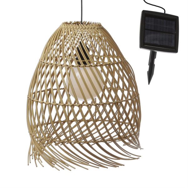 LED Solar Hängeleuchte BOHO - Lampenschirm in Korboptik - warmweiß - H: 36cm - Lichtsensor - natur