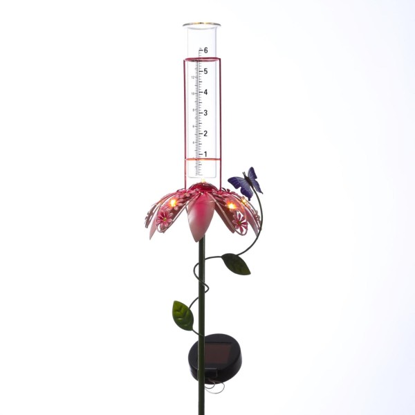 LED Solar Regenmesser mit Blume und Schmetterling - Gartenstecker - H: 84cm - Lichtsensor - rosa