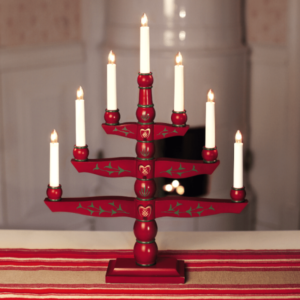 Kerzenleuchter "Tradition" - 7 Arme - warmweiße Glühlampen - H: 54cm, L: 42cm - Schalter - Rot