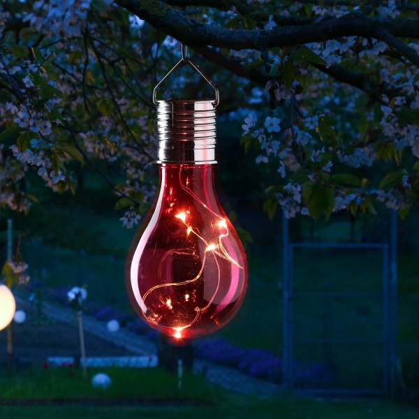 LED Solar Glühbirne GLOW - warmweiße LED Drahtlichterkette - H: 14cm - Lichtsensor - outdoor - rot