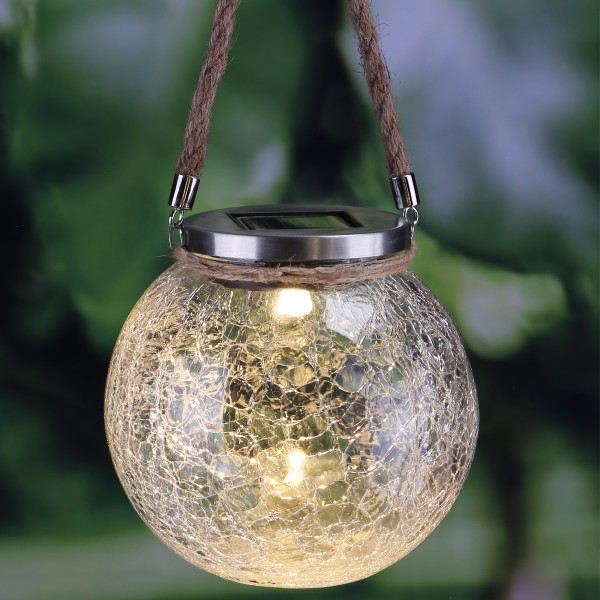 LED Solar Glas GLORY - transparentes Bruchglas - D: 11cm - Dekoglas mit Seil - Lichtsensor