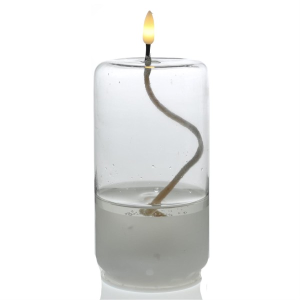 LED Kerze im Glas - Öllampe mit Flüssigwachs Optik - flackernde 3D Flamme - Timer - H: 17,5cm - rund