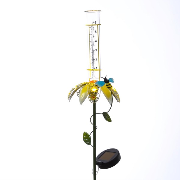 LED Solar Regenmesser mit Blume und Biene - Gartenstecker - H: 84cm - Lichtsensor - gelb, grün