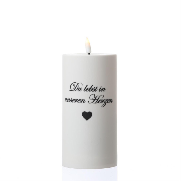 LED Grabkerze MIA - mit Schrift - Grablicht - 3D Flamme - H: 15cm - D: 7,5cm - weiß - für Außen