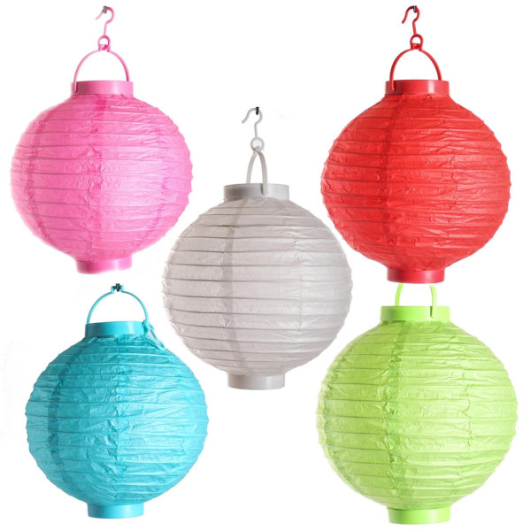 LED Lampion - kaltweiße LED - D: 30cm - Montagehaken - Batteriebetrieb - 5er Set bunt