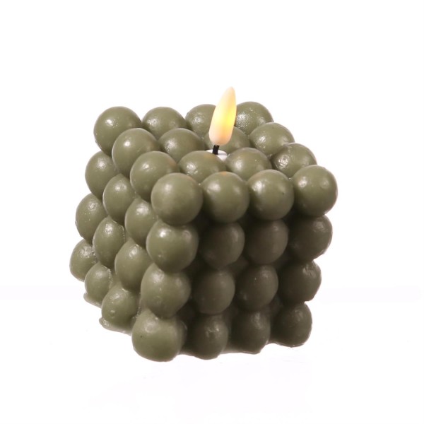 LED Kerze Bubble - Würfelkerze - Echtwachs - realistische 3D Flamme - H: 9,5cm - Timer - grün