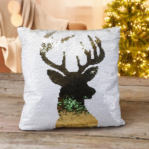 Pailletten Kissen mit Hirsch Design - Weihnachtskissen - 40 x 40cm - weiß