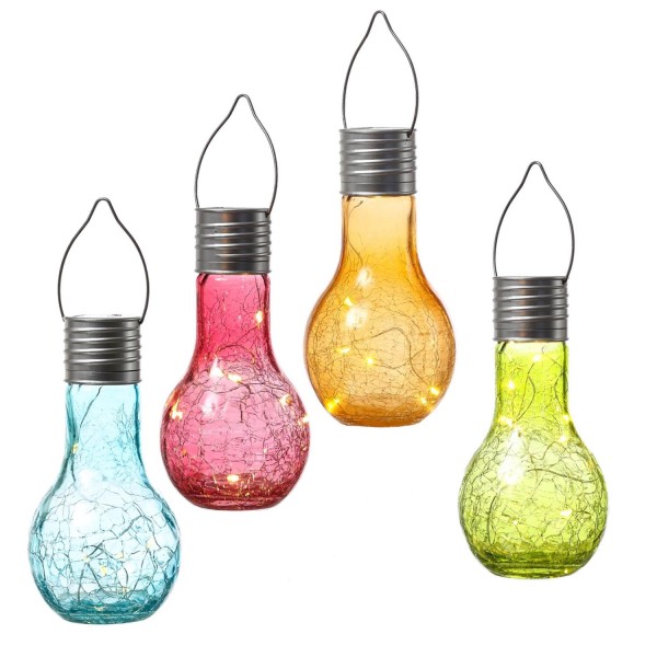 LED Solar Glühbirnen CRACKLE GLOW - warmweiße LED Drahtlichterkette - H: 17cm - bunt - 4er SetD