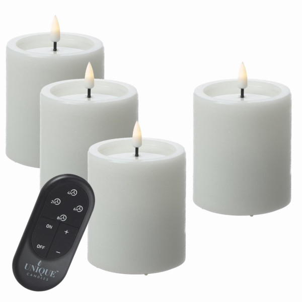 LED Kerzenset UNIQUE - Rustik-Optik - H: 10cm - mit Batterien und Fernbedienung - weiß - 4er Set