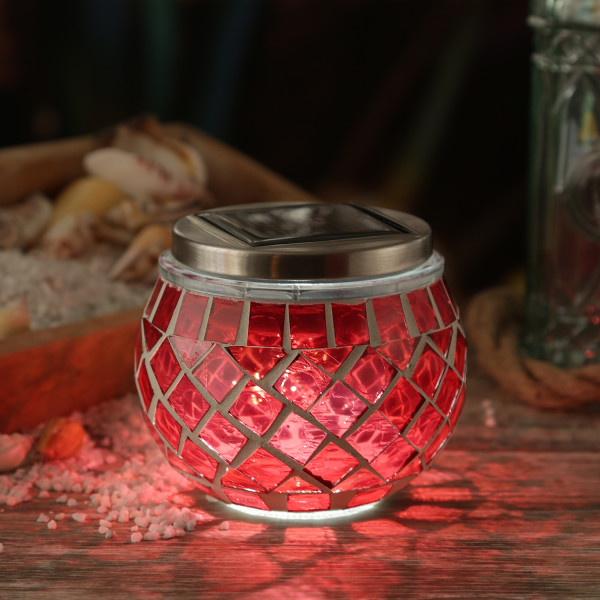 LED Solar Windlicht - Mosaik Solarglas - kaltweiße LED - Lichtsensor - H: 9cm - für Außen - rot