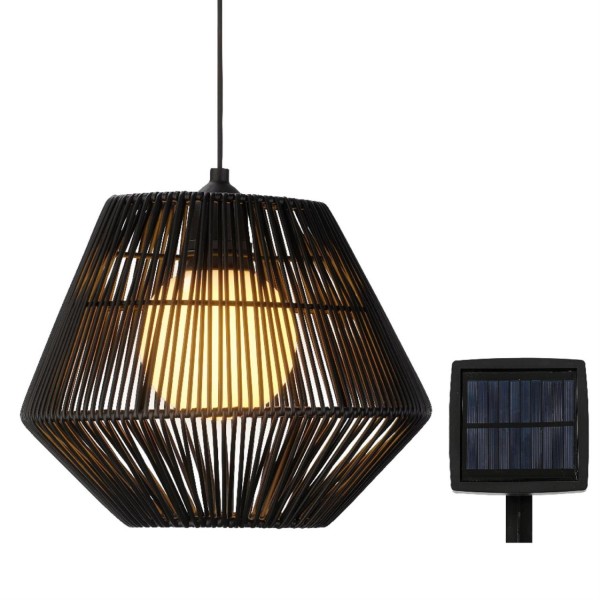 LED Solar Hängeleuchte - Korboptik - warmweiße LED - D: 22,5cm - Lichtsensor - schwarz