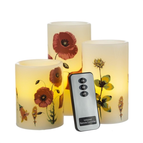 LED Kerzen Mohnblumen - Echtwachs - flackernde LED - Fernbedienung - Timer - H: 10/12/15cm - 3er Set