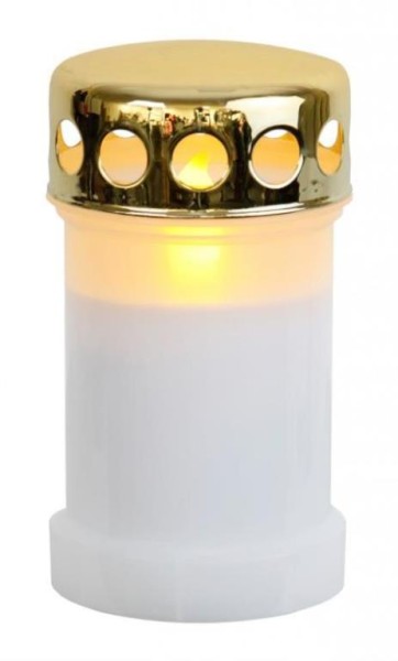 LED Grablicht - Grabkerze - flackernde gelbe LED - H: 14cm - 1200h Leuchtdauer - weiß/gold