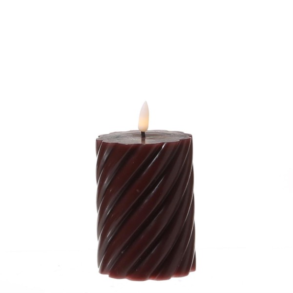 LED Stumpenkerze TWIST - Echtwachs - warmweiße 3D Flamme - H: 12,5cm - Batterie - Timer - weinrot
